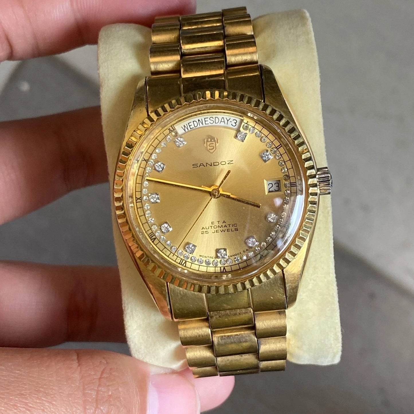 RARE Sandoz President Automatic Index Diamond Day Date Gold Swiss Made Watch