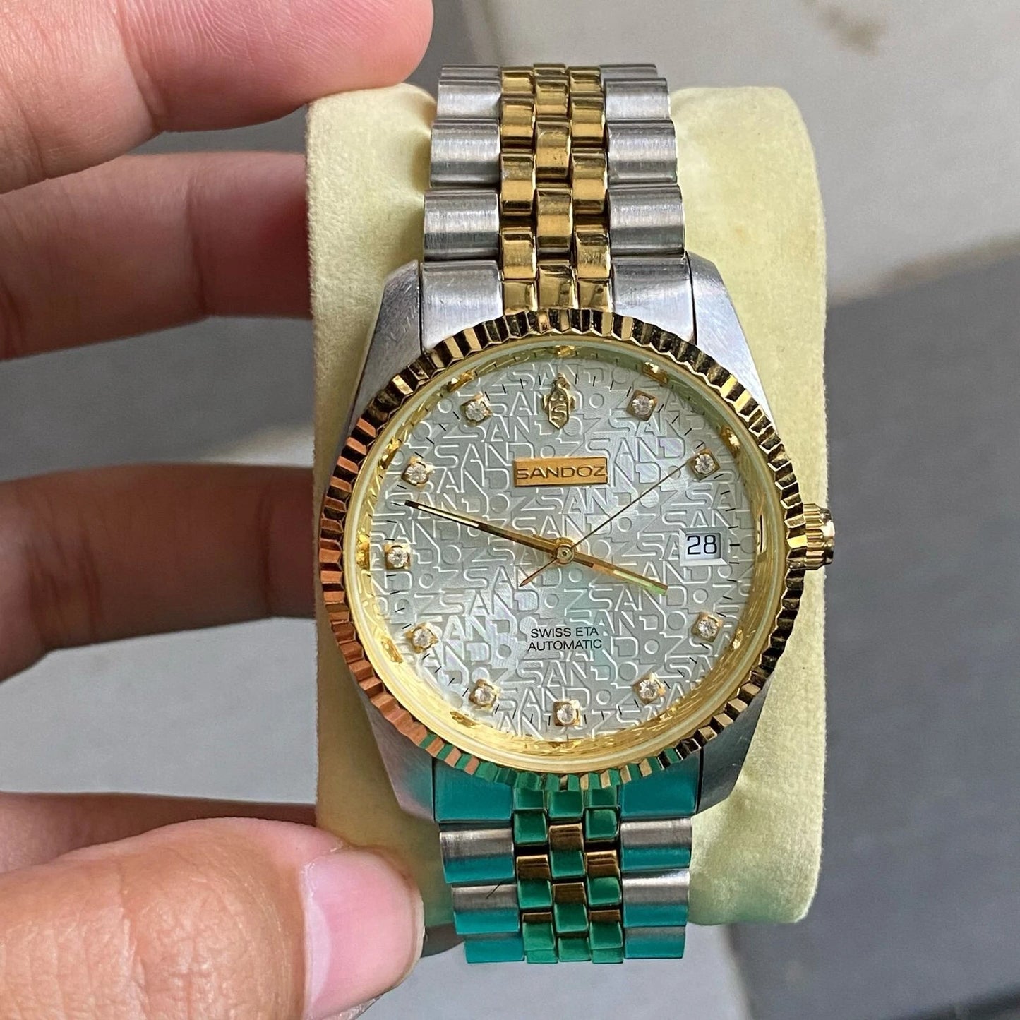 RARE Sandoz Computer Dial Two Tone Automatic ETA Swiss Diamond Index Watch Men