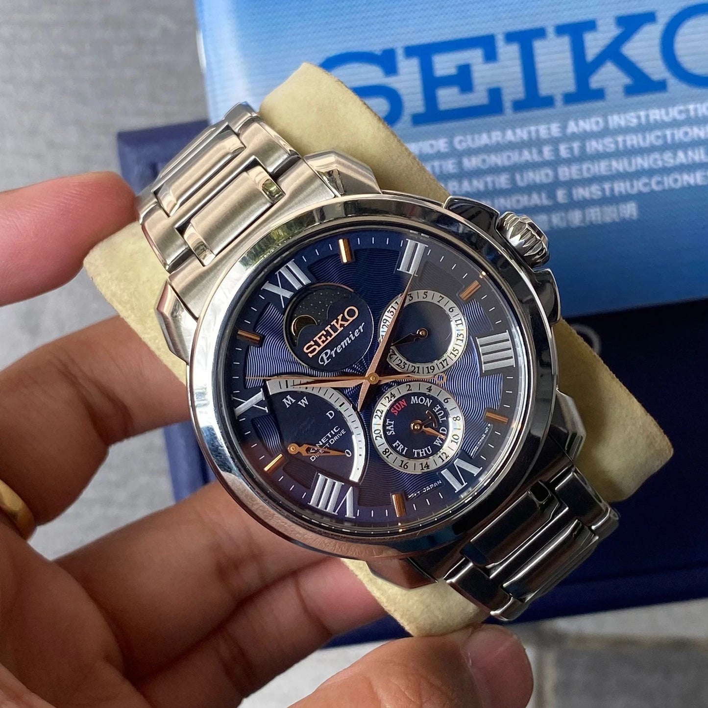 Rare Seiko Premier SRX017P1 Kinetic Direct Drive Moonphase Blue Dial Watch Men