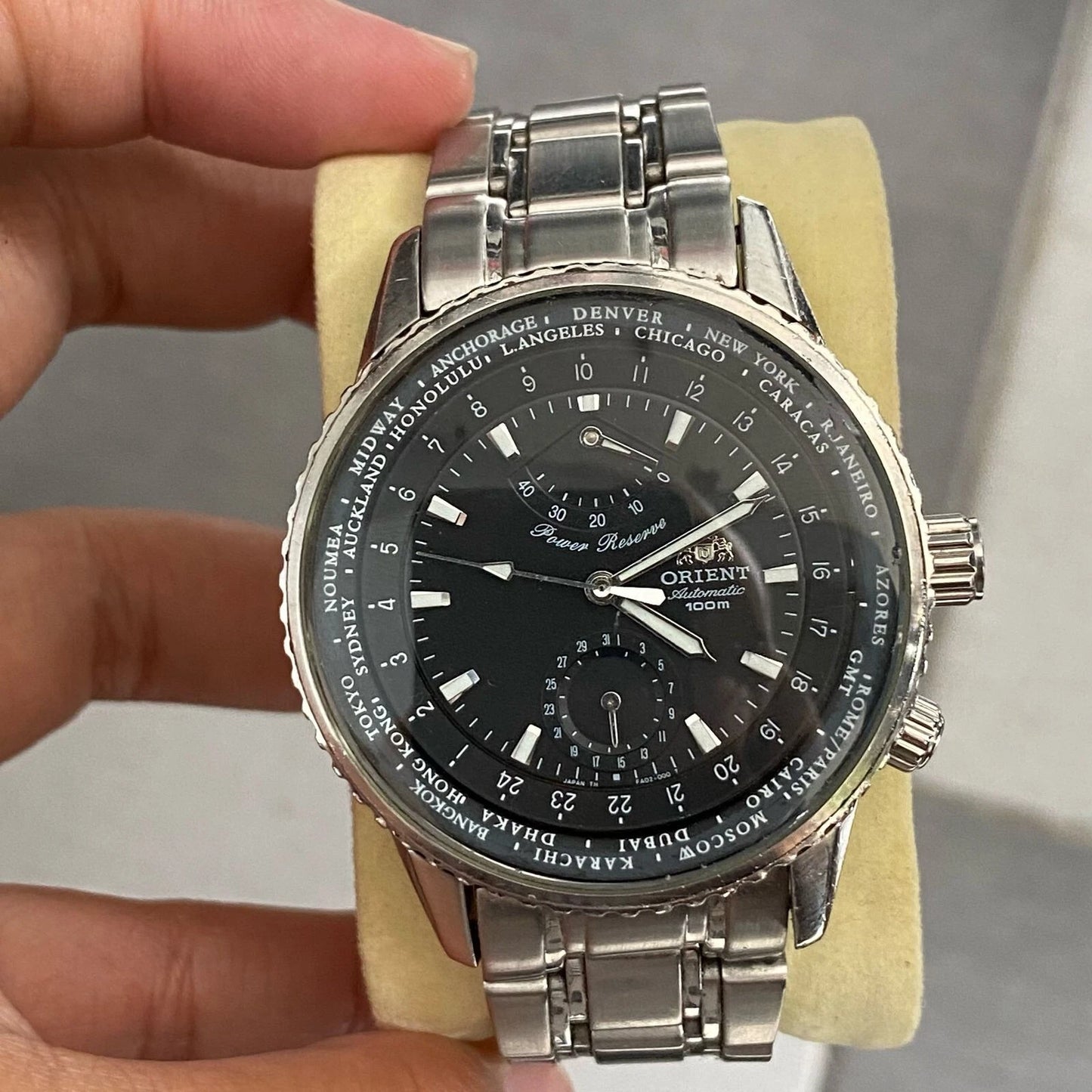 Rare Orient King Master Automatic Power Reserve Black Dial World Timer Watch Men
