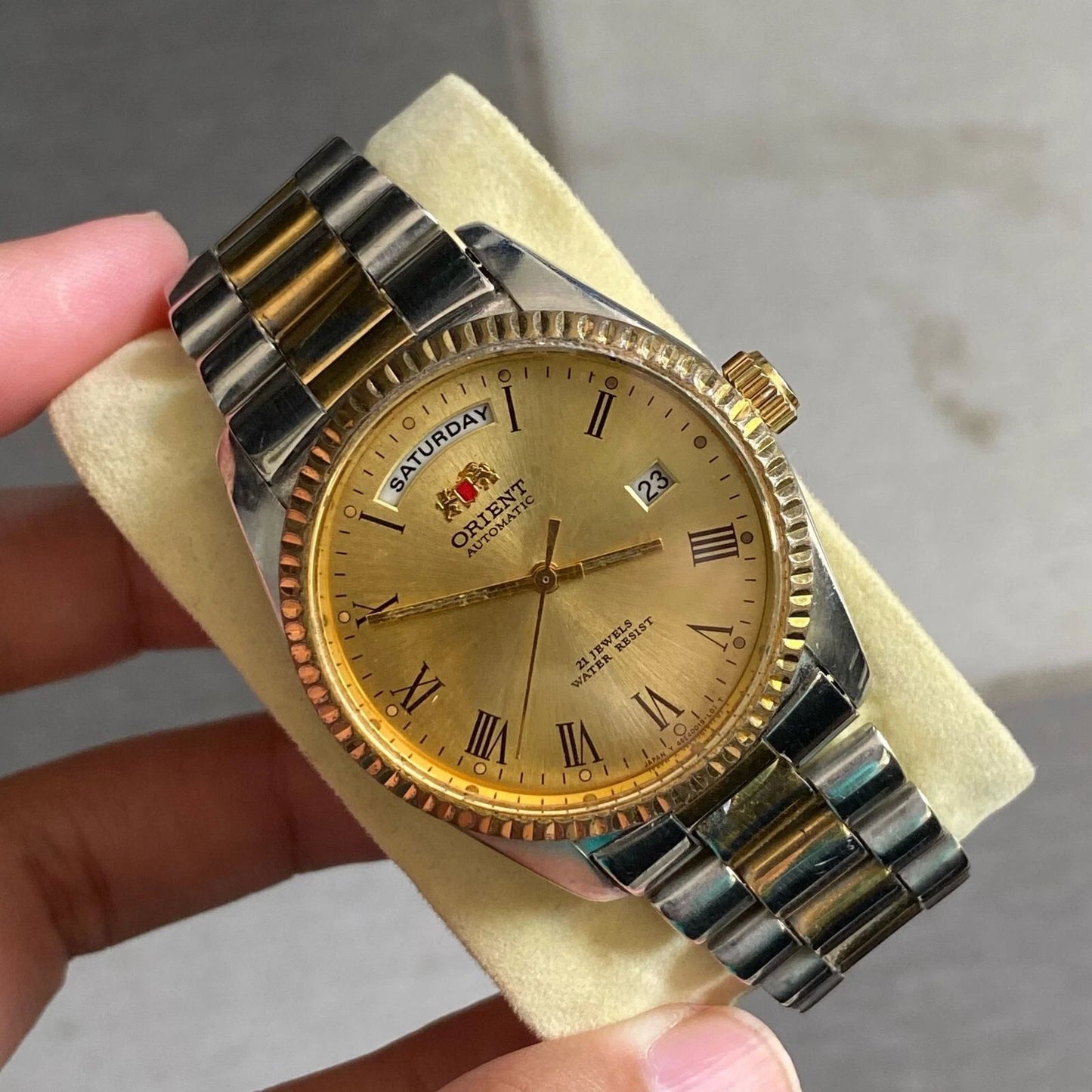 Rare Orient President Automatic Roman Index Gold Dial Two Tone Vintage Watch Men