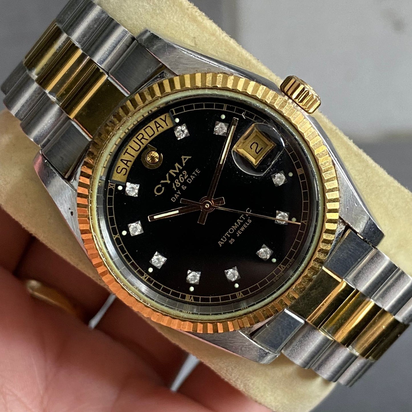 Rare Cyma President Diamond Index Two Tone Black Dial Automatic Swiss Watch Men