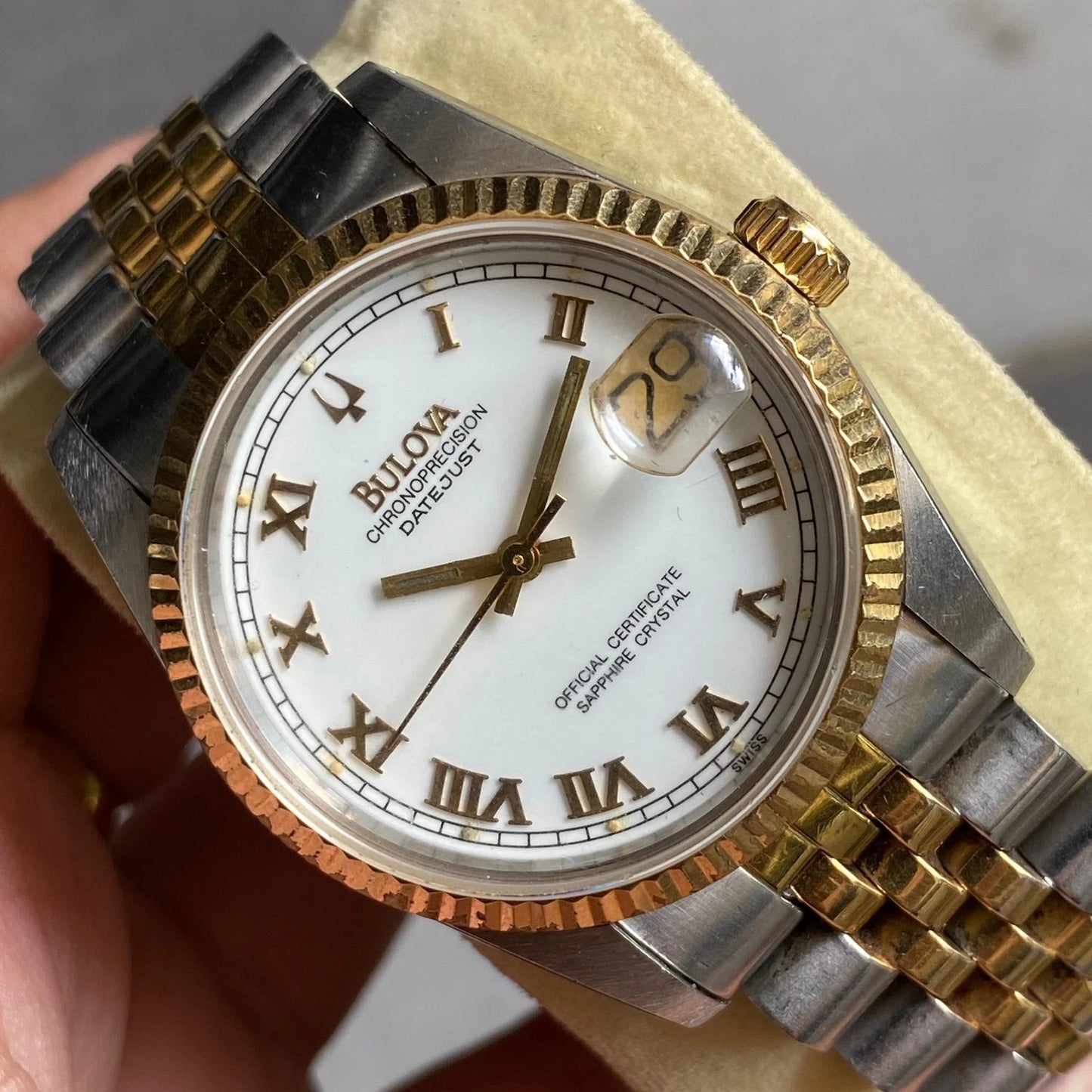 RARE Bulova Chronoprecision Date Roman Index Two Tone White Dial Watch Vintage