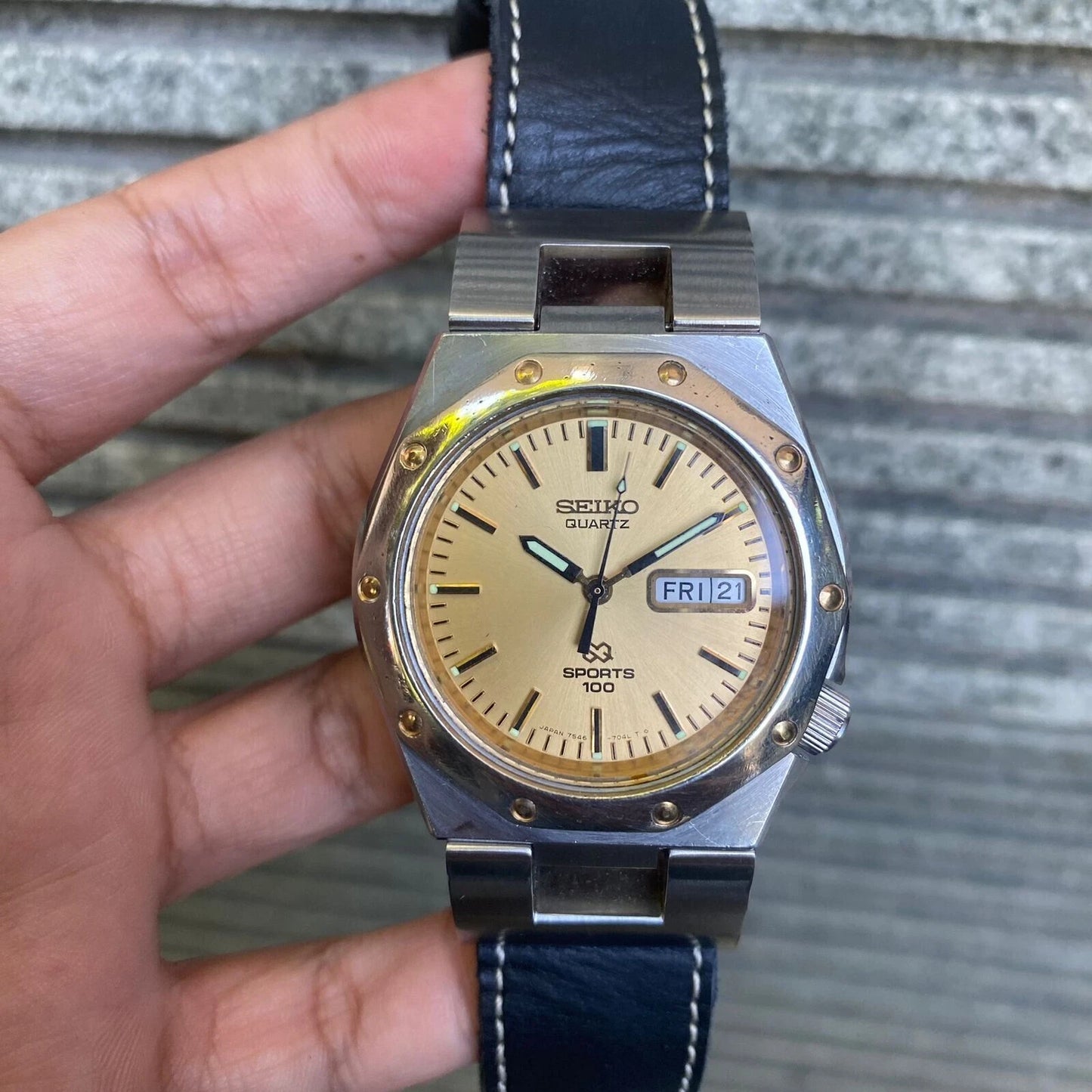 RARE Seiko Oak SQ Sports 100 Day Date VIntage Watch Quartz Gold Dial