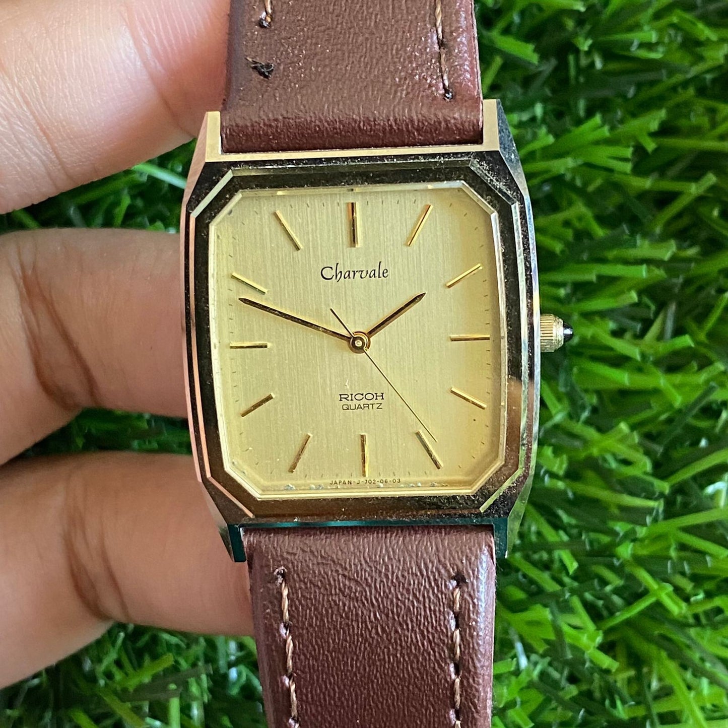 Rare Ricoh Charvale Quartz 702011 Tank Gold Dial Thungsten Dress Fashion Watch