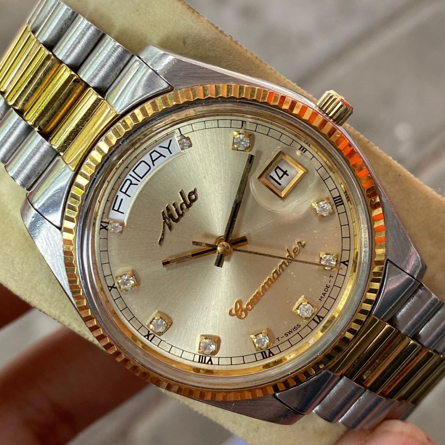 Rare Mido Commander President  Automatic Gold Dial Diamond TwoTone Watch Fullset