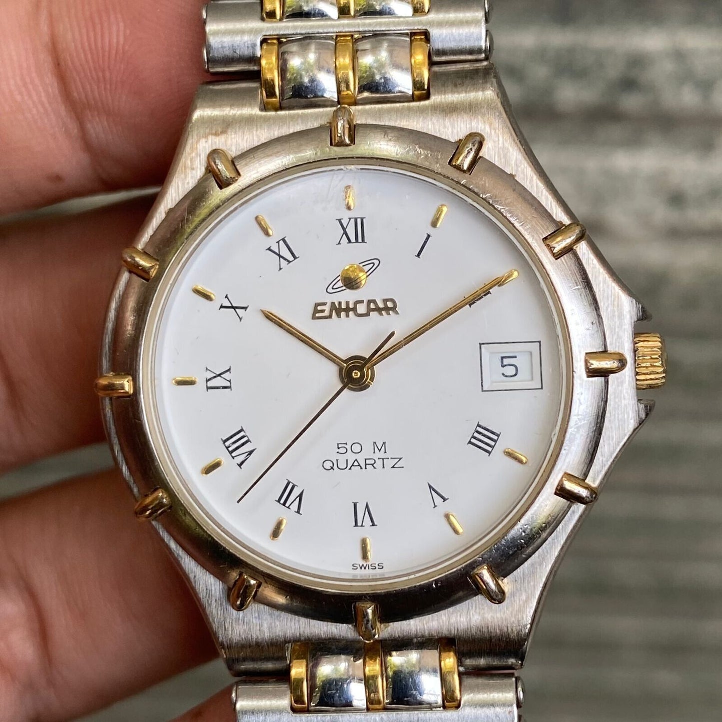 RARE Enicar 50M 955.051 Quartz Swiss Two Tone White Dial Vintage Watch