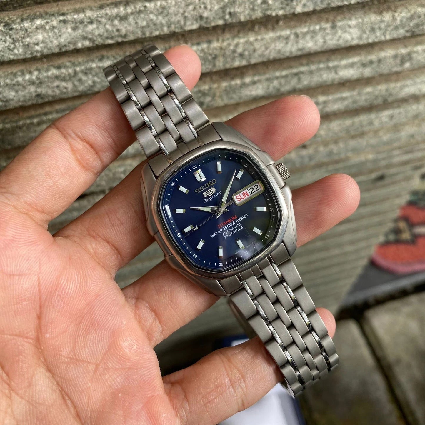 RARE Seiko 5 Superior SKZ091 Titanium Square Blue Dial-