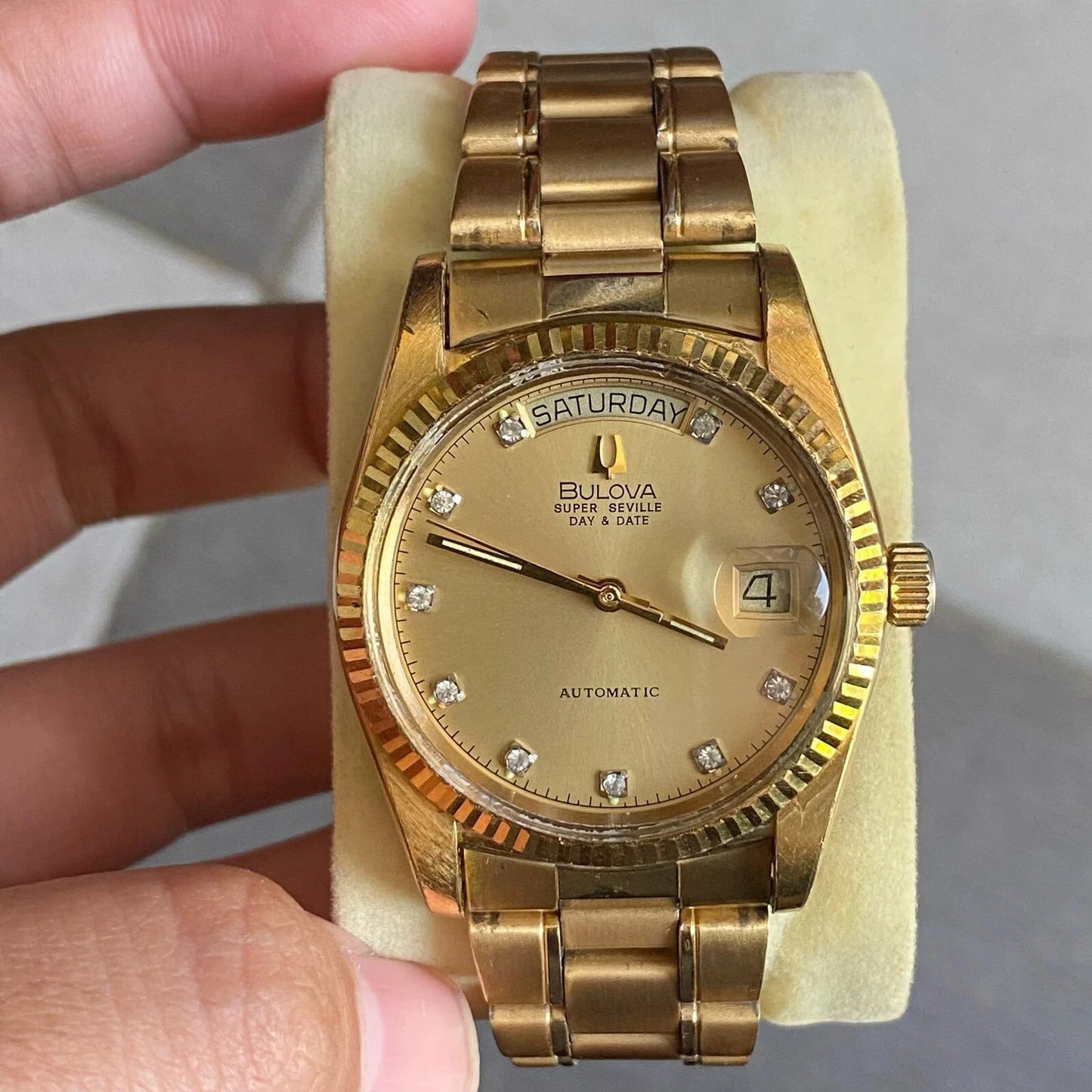Rare Bulova President Super Seville Index Diamond Day Date Gold Automatic Watch