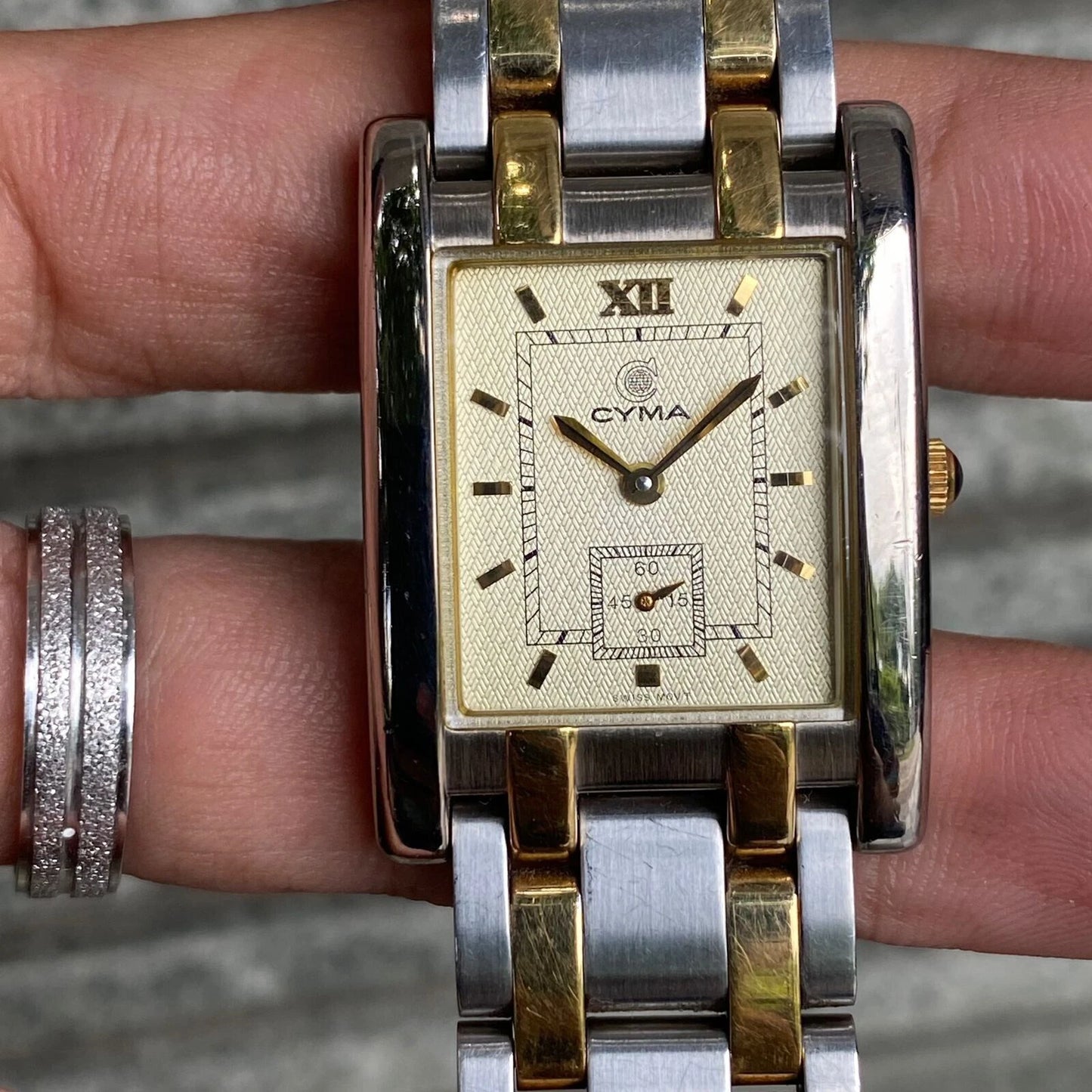 RARE Cyma Small Second Two Tone Square Swiss Made Quartz Vintage Watch