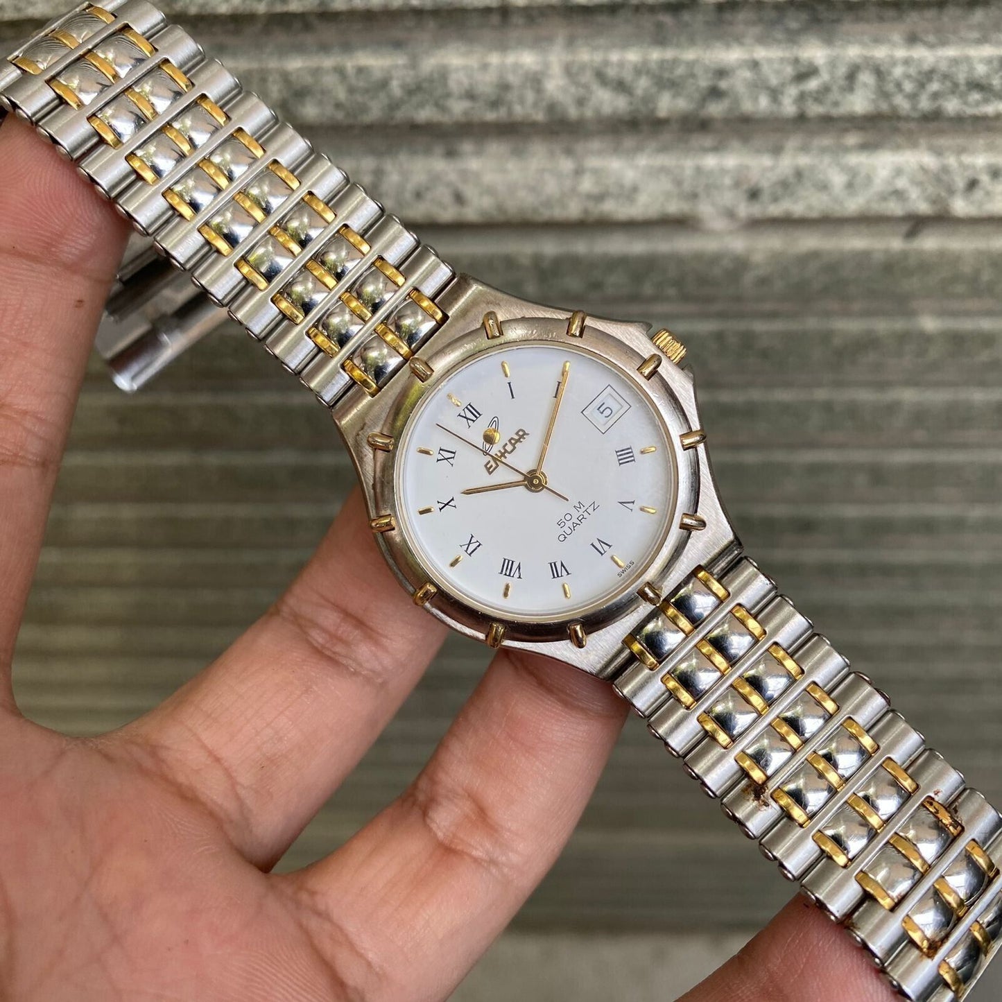 RARE Enicar 50M 955.051 Quartz Swiss Two Tone White Dial Vintage Watch
