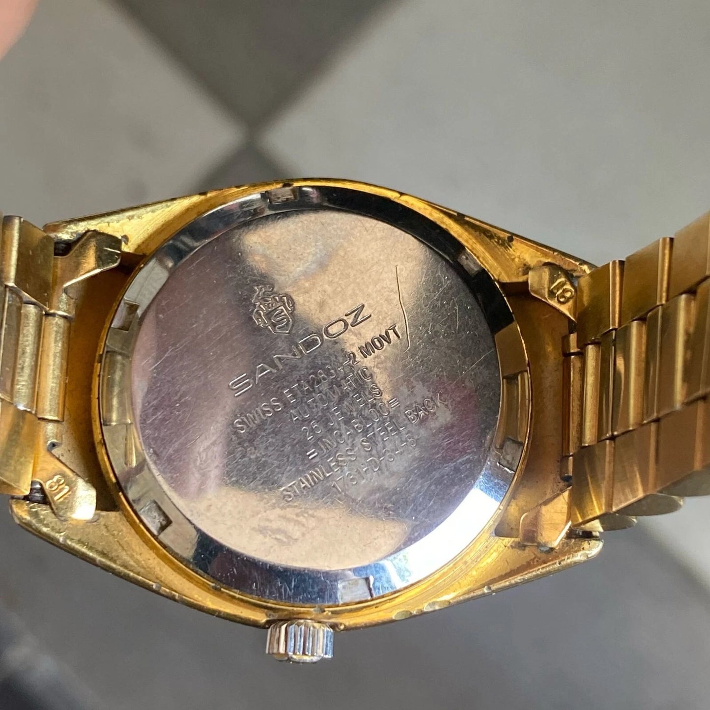 RARE Sandoz President Automatic Index Diamond Day Date Gold Swiss Made Watch