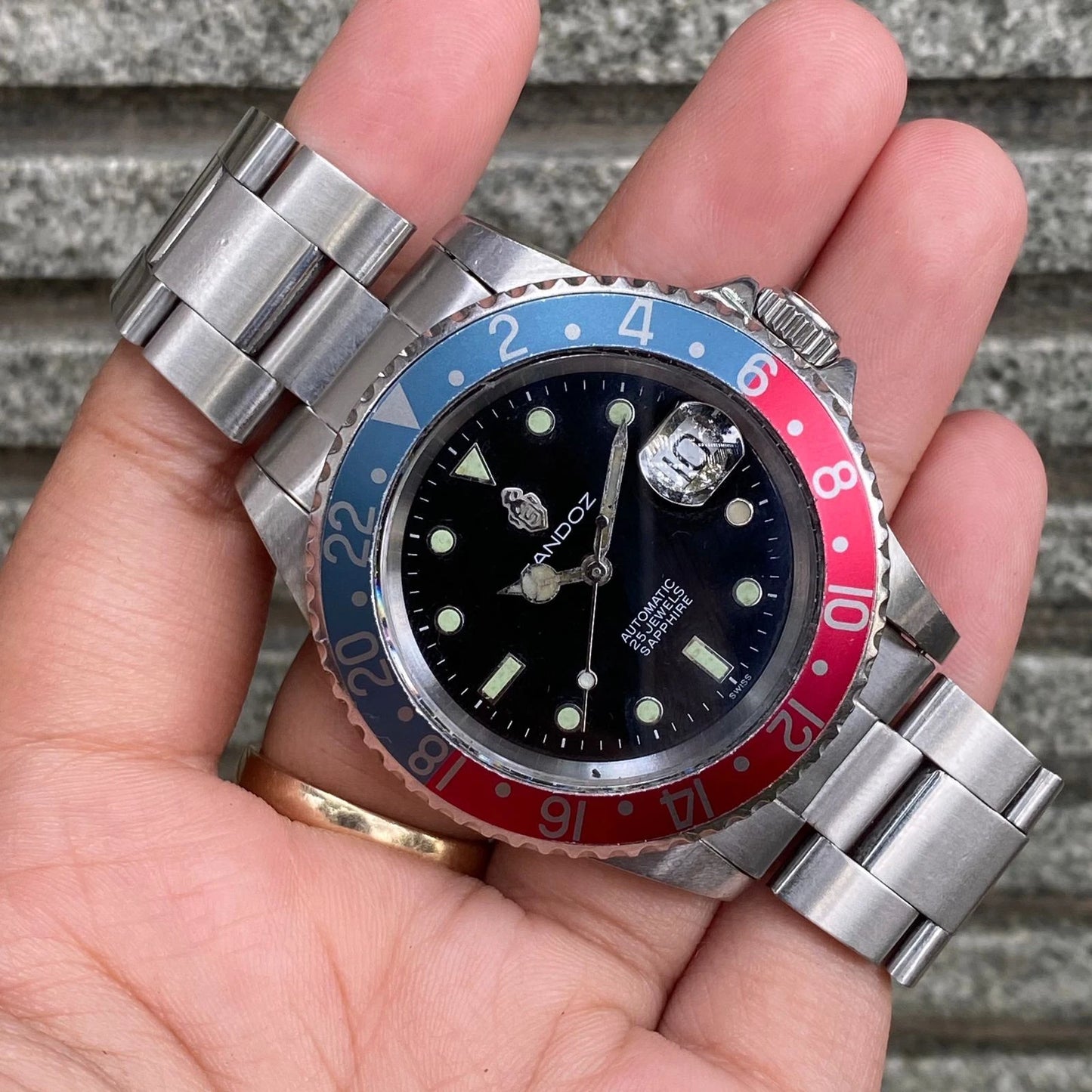 RARE Sandoz Diver Automatic Day Date Black Dial Pepsi Bezel Men Watch Diver