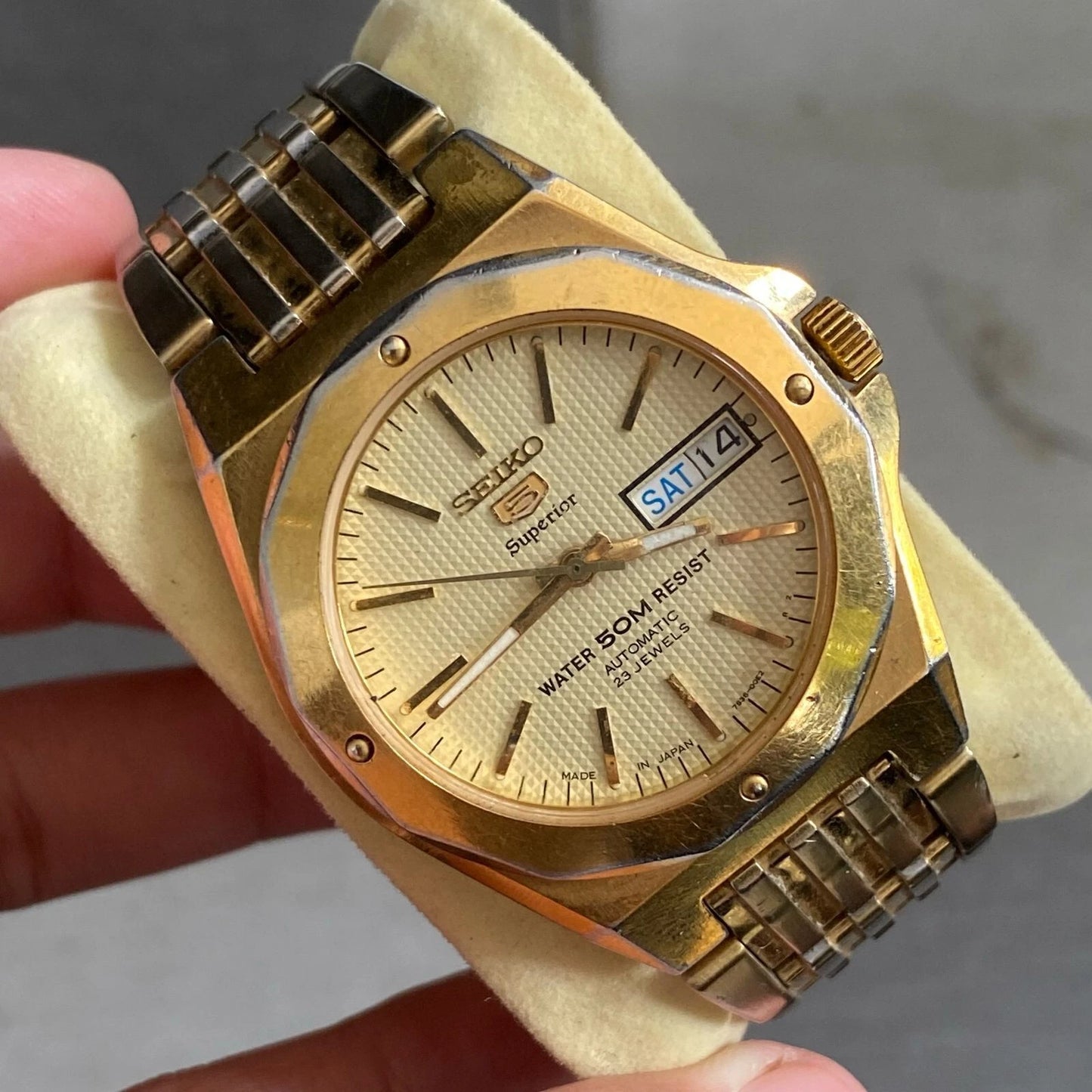 Rare Seiko 5 Superior SNZ388J1 Royal Oak Style Automatic Gold Watch Vintage Men