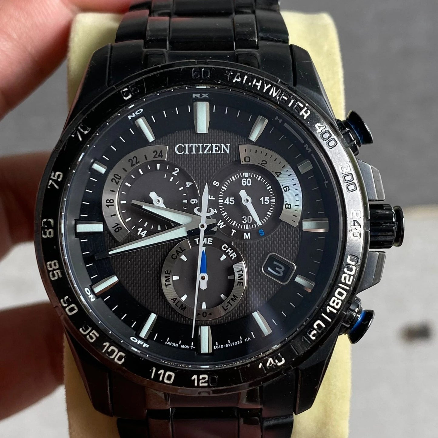 Rare Citizen Chronograph PAT3025-58E Eco Drive E610 Solar Black Dial Watch Men
