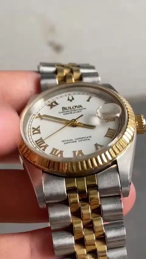 RARE Bulova Chronoprecision Date Roman Index Two Tone White Dial Watch Vintage