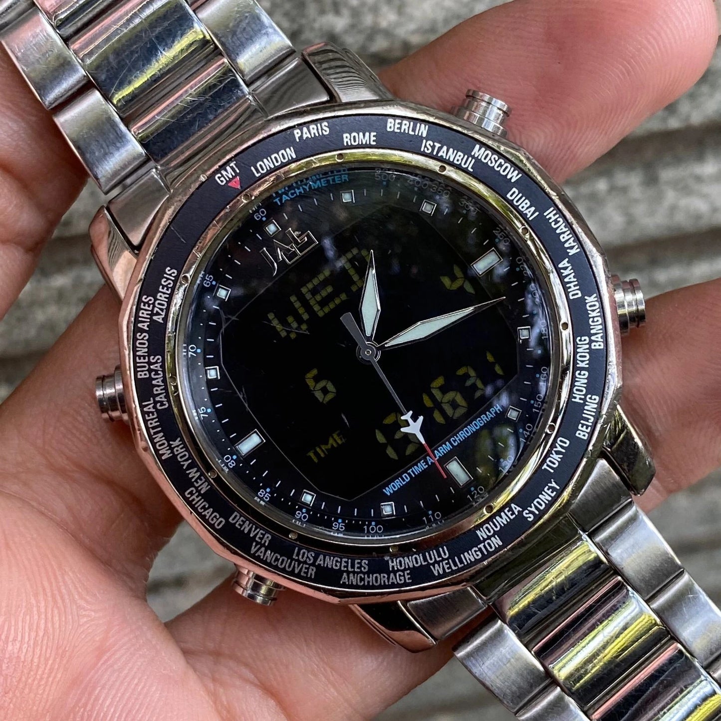 RARE Seiko JAL Worldtime Alarm Chronograph Anadigi Men Watch Pilot Flightmaster