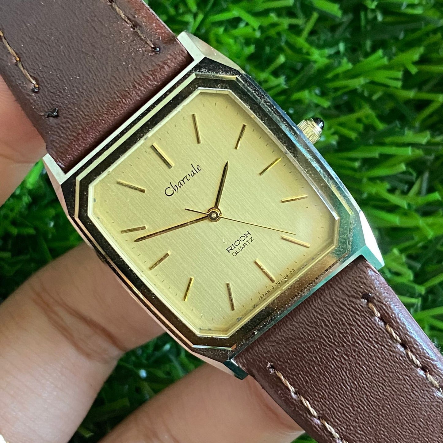 Rare Ricoh Charvale Quartz 702011 Tank Gold Dial Thungsten Dress Fashion Watch