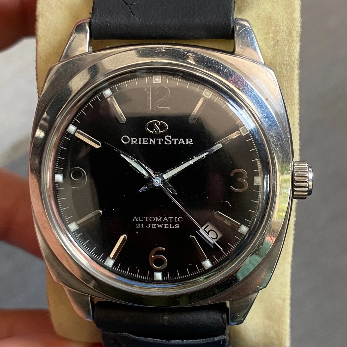 Rare Orient Star Explorer Automatic Date Black Dial Cushion Watch Vintage Men