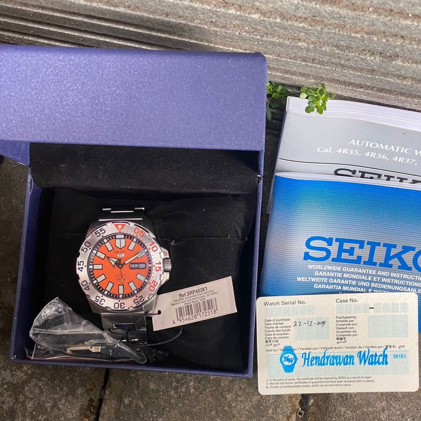 Rare Seiko 5 Sports SRP483K1 Baby Monster Orange Dial Automatic 24J Watch Men