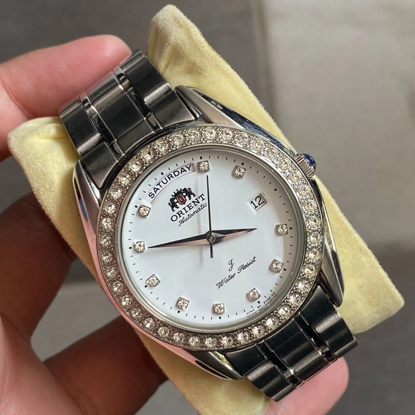 Rare Orient President Automatic White Dial Index Diamond Bezel Vintage Watch Men