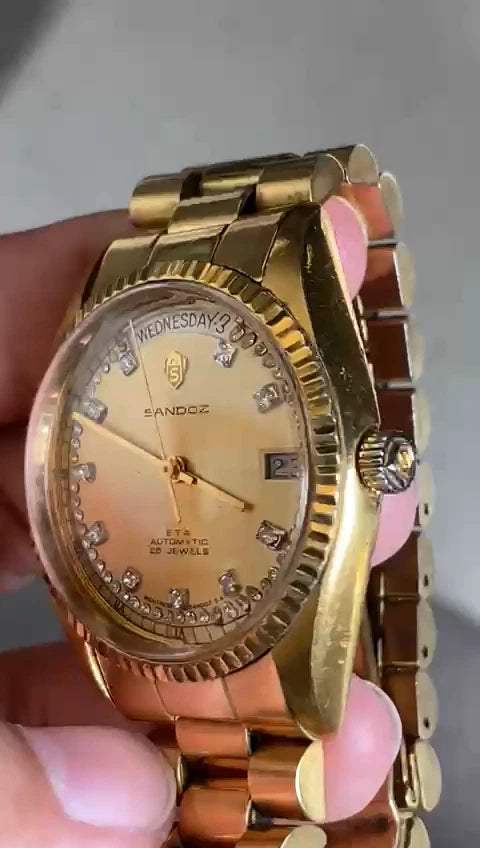 RARE Sandoz President Automatic Index Diamond Day Date Gold Swiss Made Watch