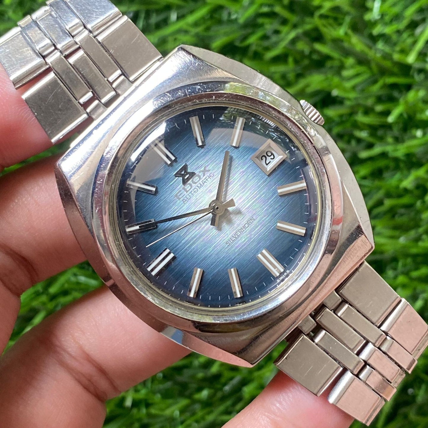 Rare Swiss Edox Silverhorn 200253 Automatic Blue Dial Sunburst Watch Swiss Men
