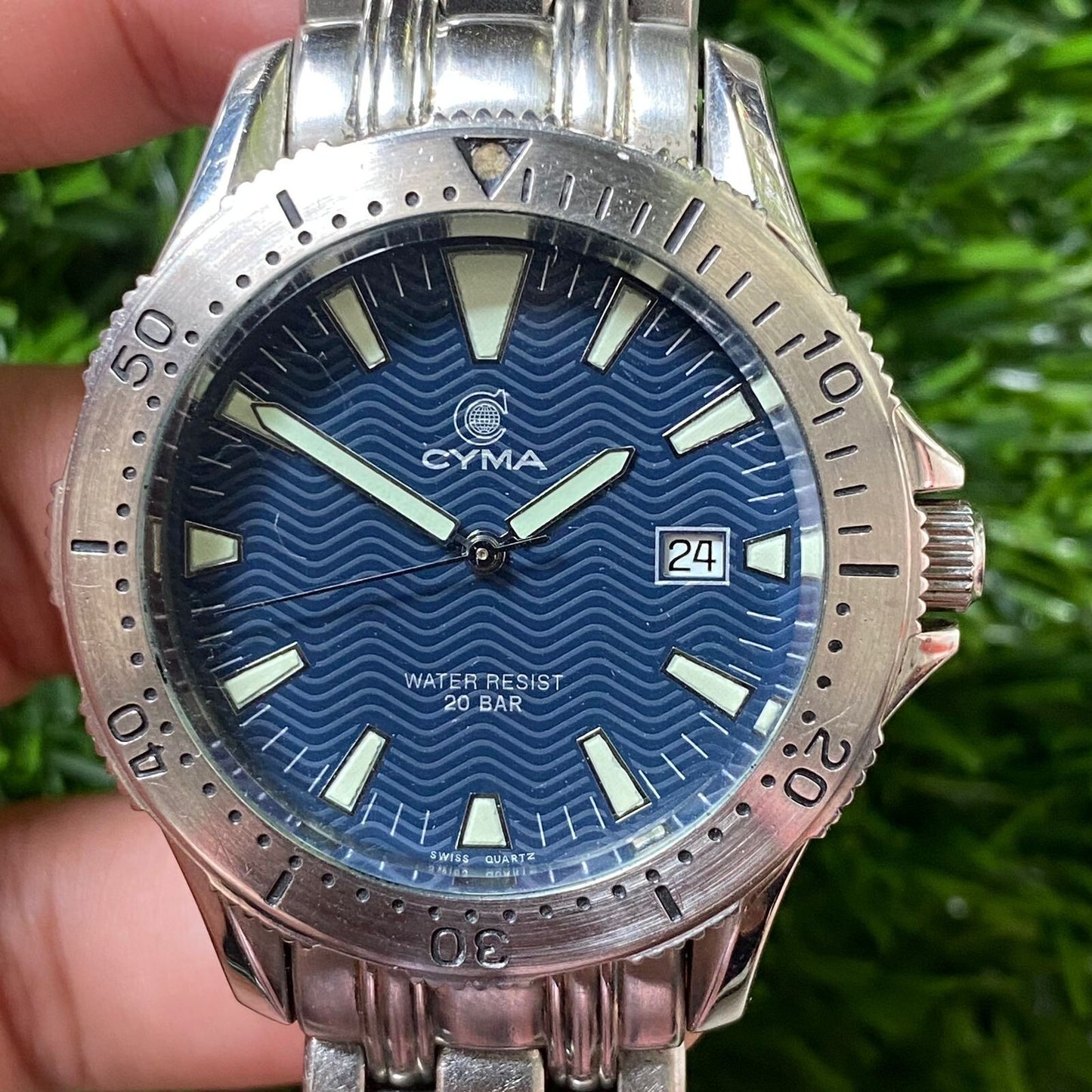 Rare Cyma Diver Quartz 200m Blue Dial Swiss Made Luminous Index Vintage Watch
