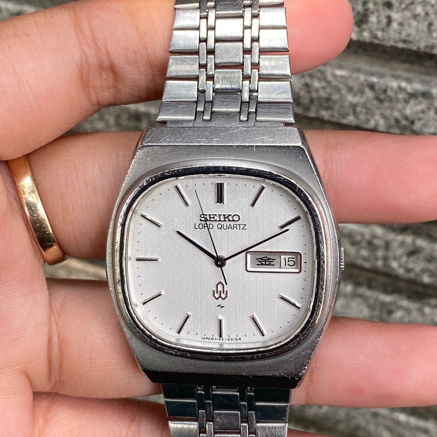 RARE Seiko Lord Quartz 7143-5010 Silver Dial Day Date JDM Watch Dress Vintage