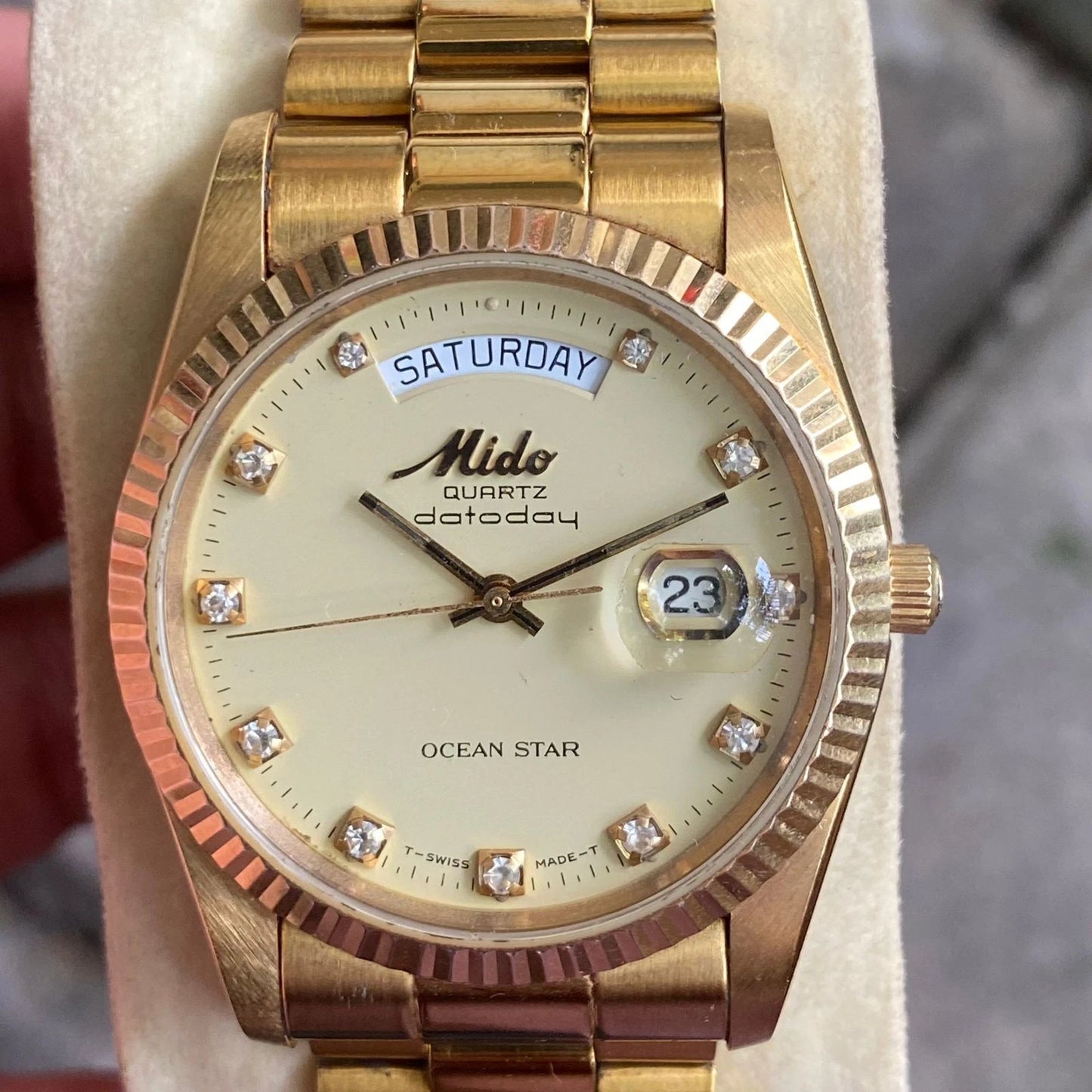 Rare Mido President Datoday Quartz Ocean Star DayDate Gold Diamond Vintage Watch