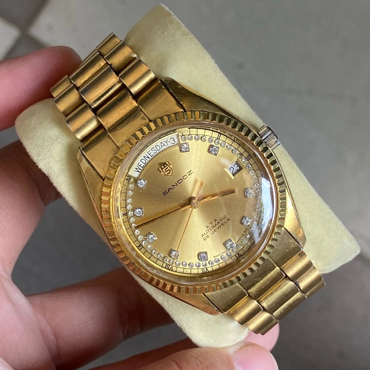 RARE Sandoz President Automatic Index Diamond Day Date Gold Swiss Made Watch
