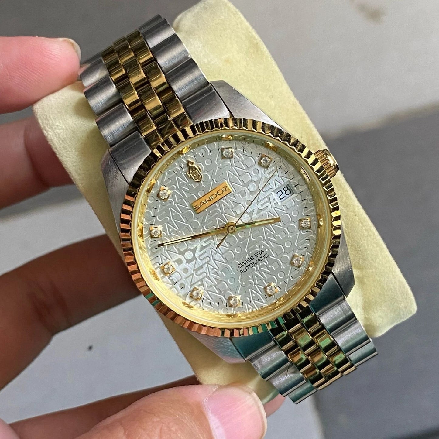 RARE Sandoz Computer Dial Two Tone Automatic ETA Swiss Diamond Index Watch Men