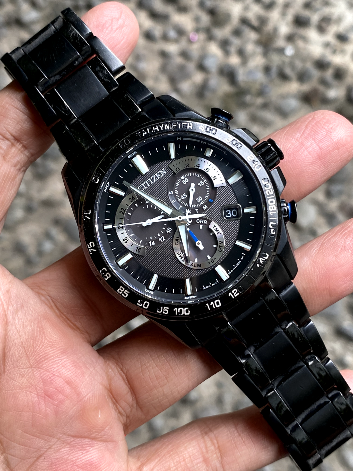 Rare Citizen Eco Drive AT3025-58E Chronograph Solar Black Dial Watch Men