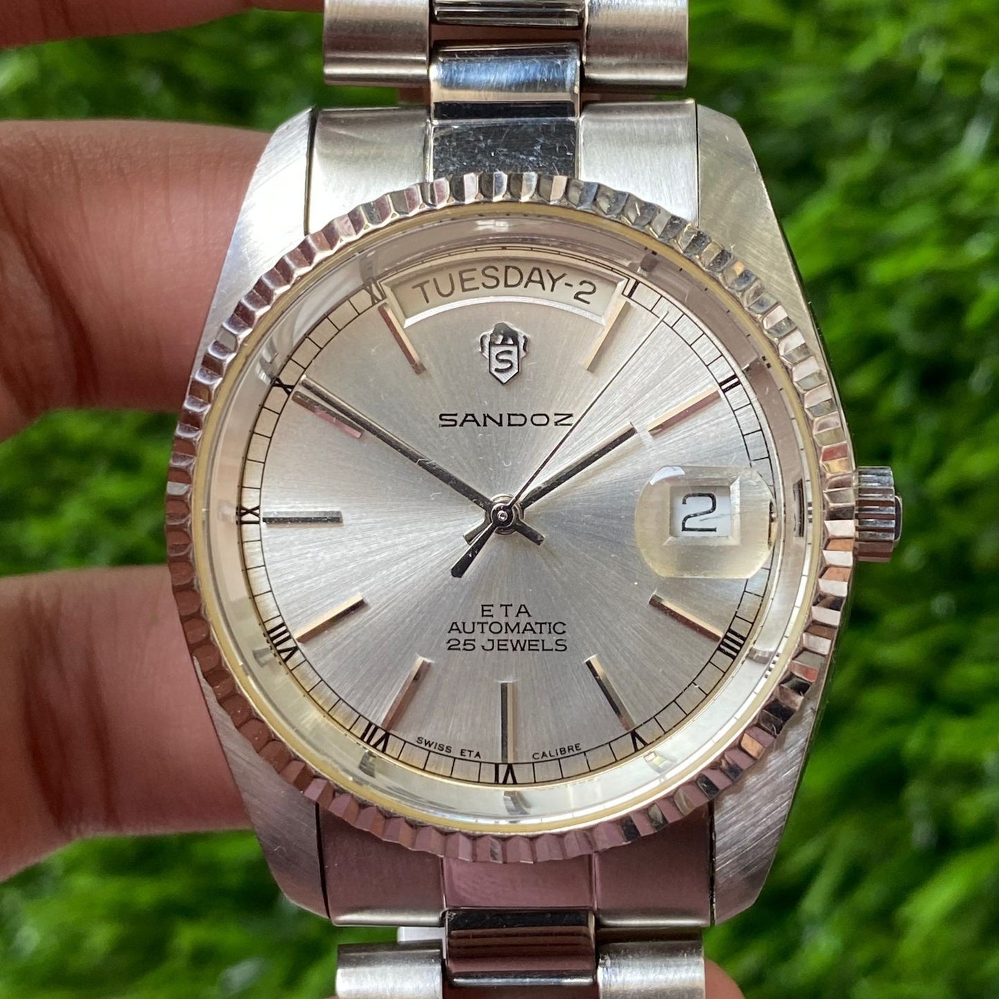 Rare Sandoz President ETA Automatic Day Date 25Jewels Swiss Watch Vintage Men JR