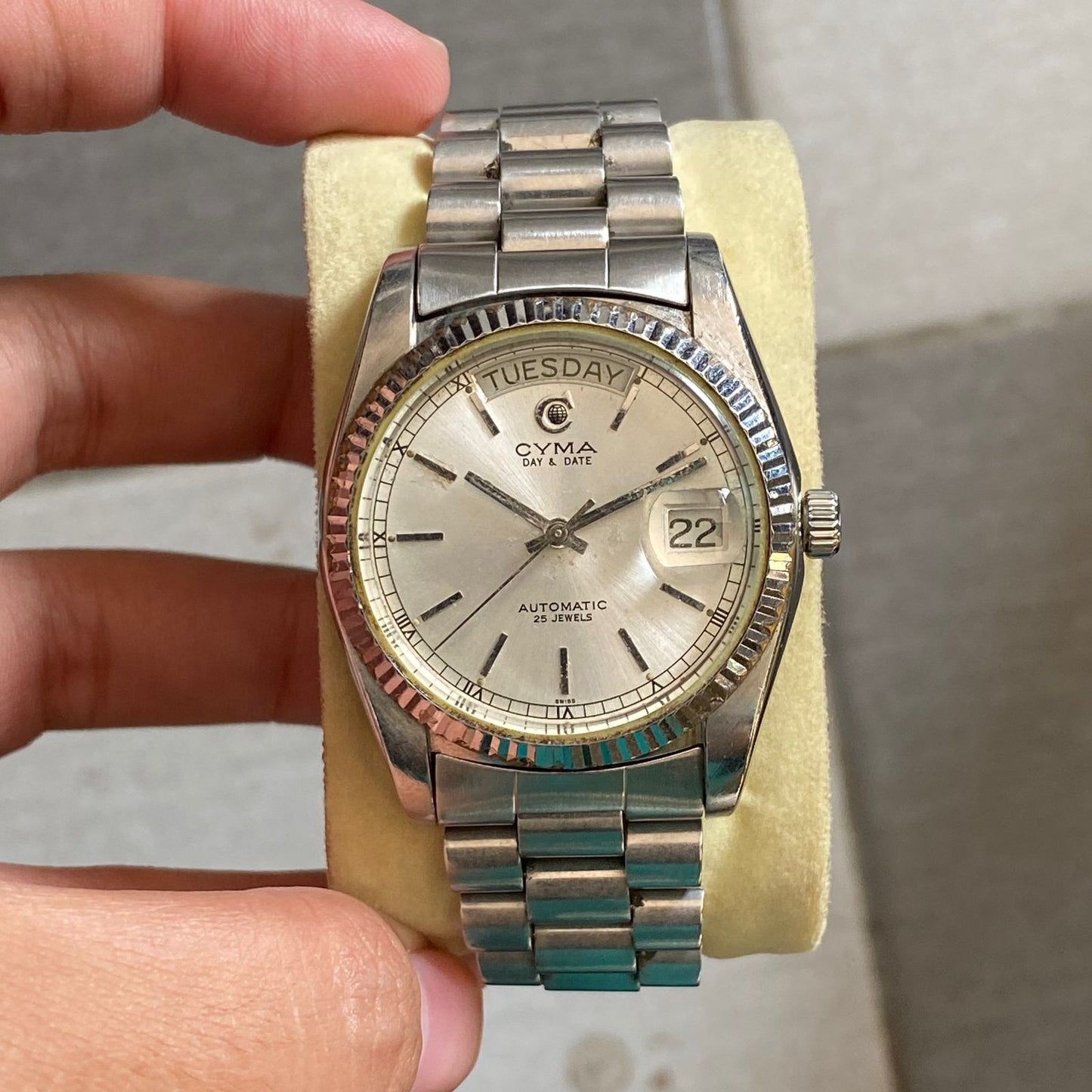 Rare Cyma President Day Date Automatic Silver Dial 25 J Swiss Watch Vintage Men