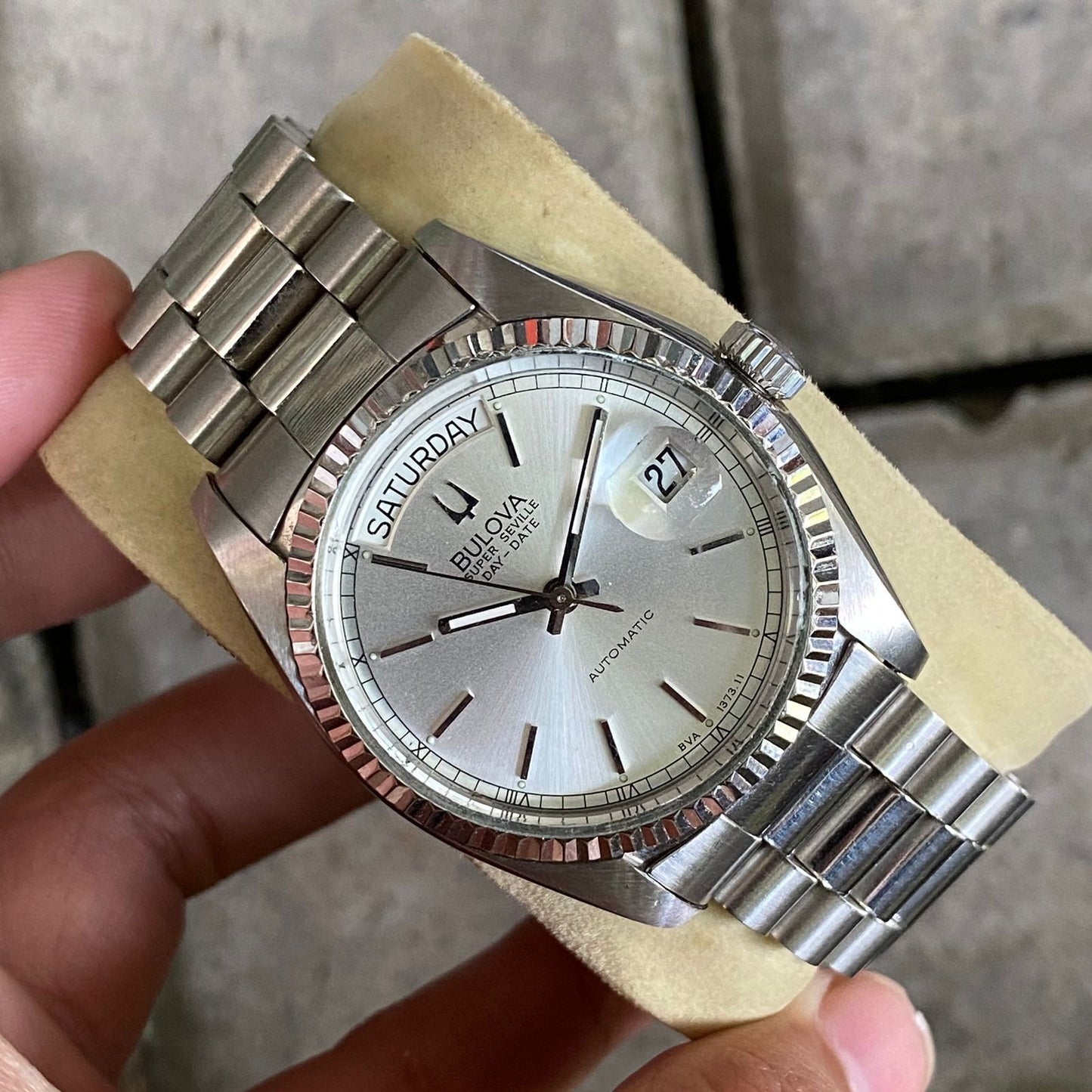 Rare Bulova President Super Seville Day Date Automatic Silver Vintage Watch Men