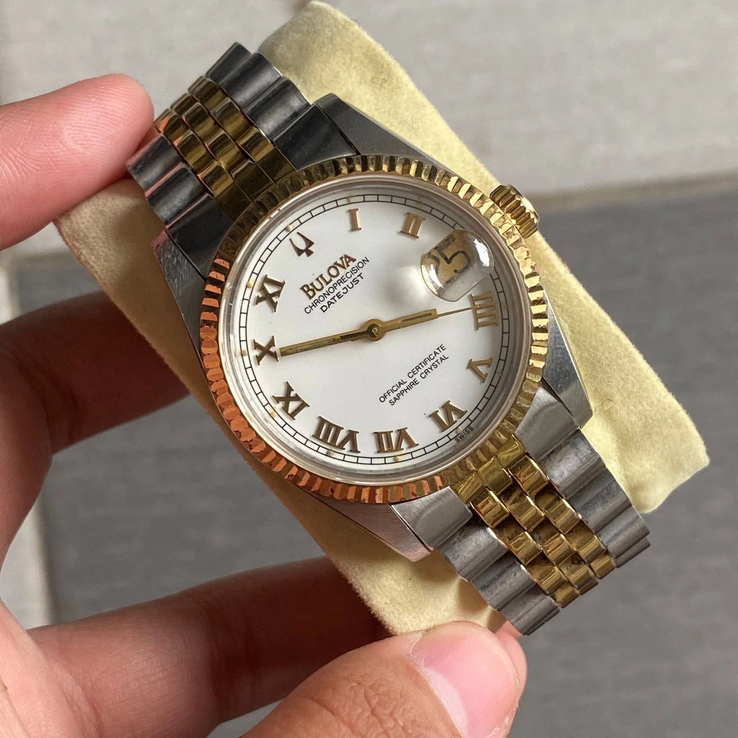 RARE Bulova Chronoprecision Date Roman Index Two Tone White Dial Watch Vintage