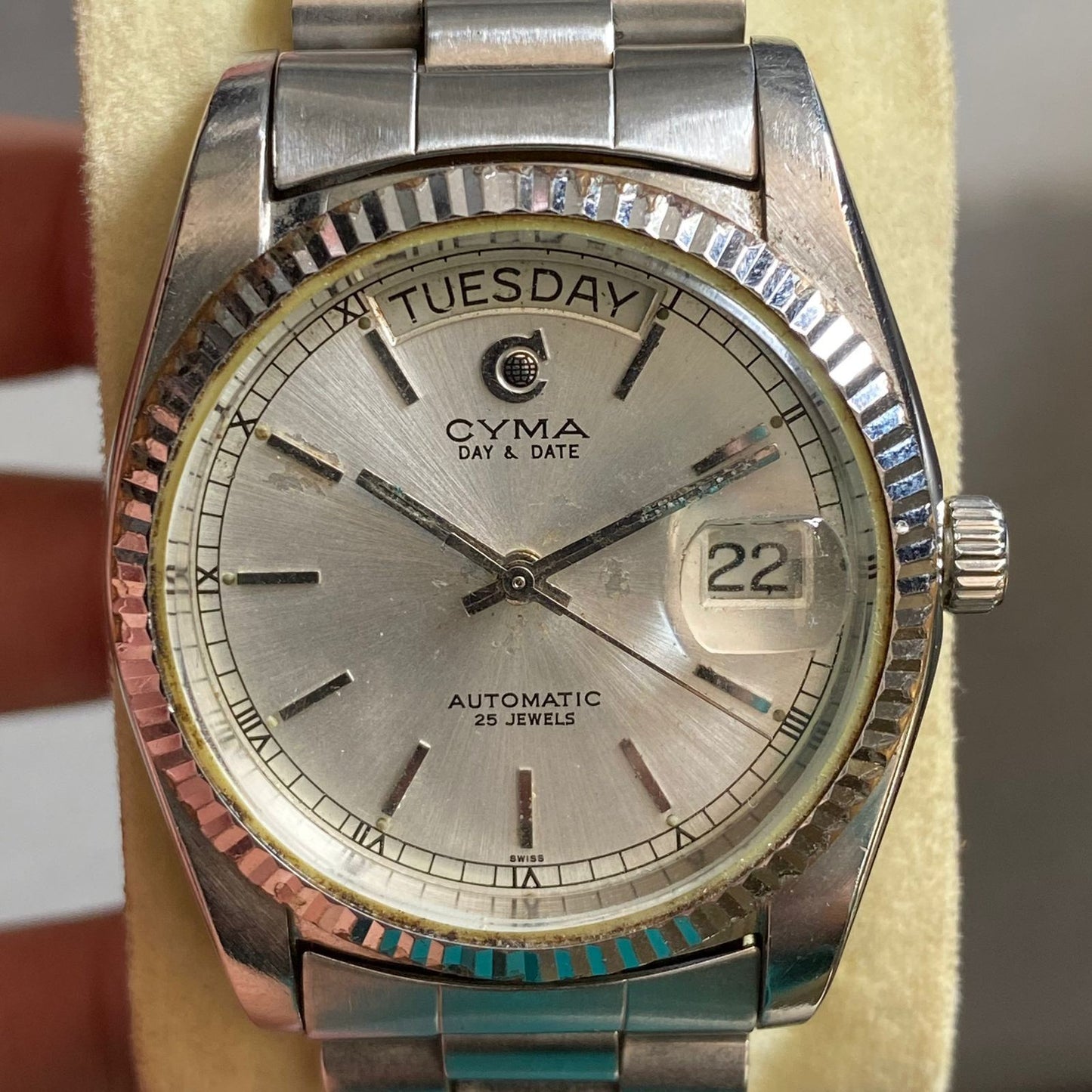 Rare Cyma President Day Date Automatic Silver Dial 25 J Swiss Watch Vintage Men