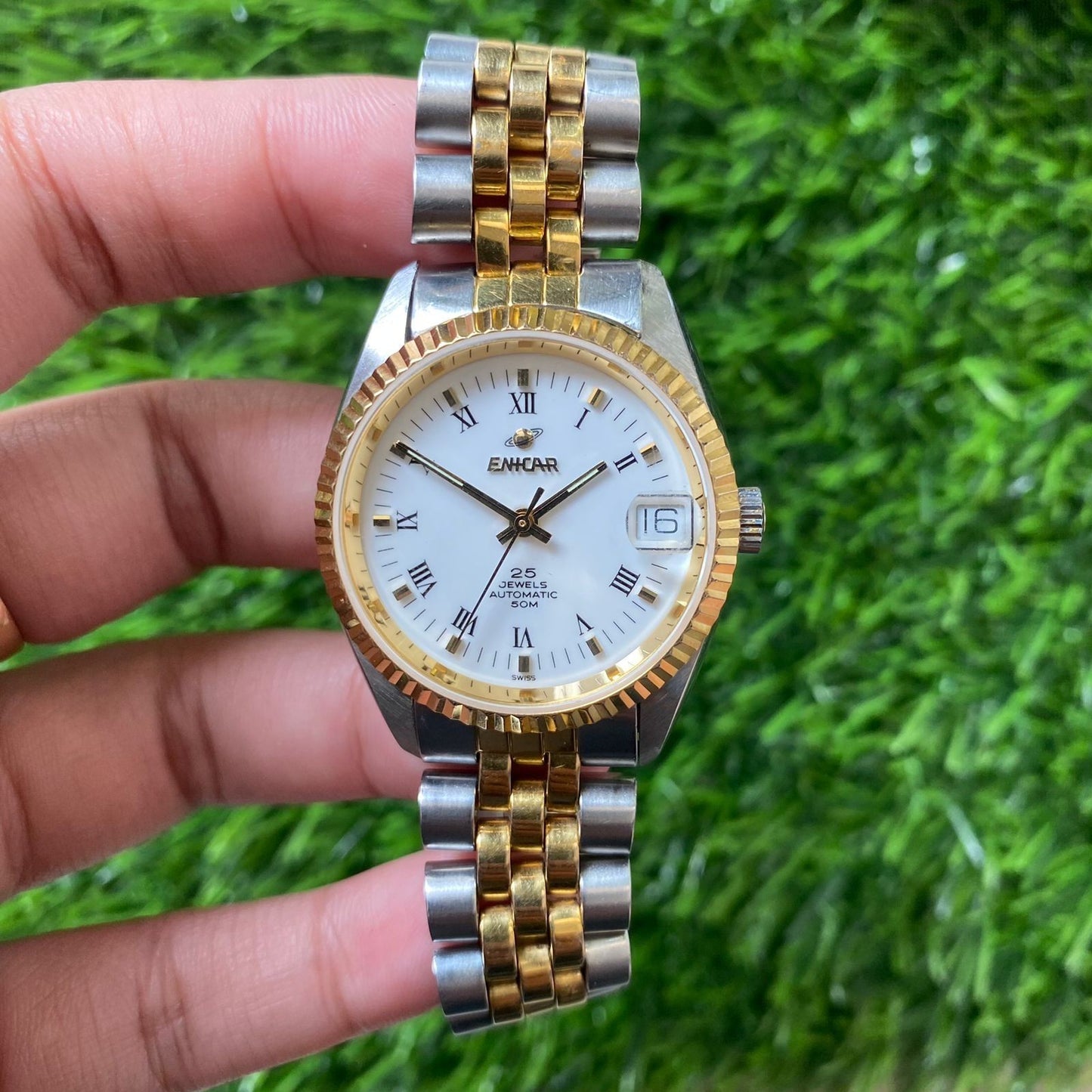 Rare Enicar Roman Index Automatic 25J Two Tone White Dial Swiss Watch Boy Size