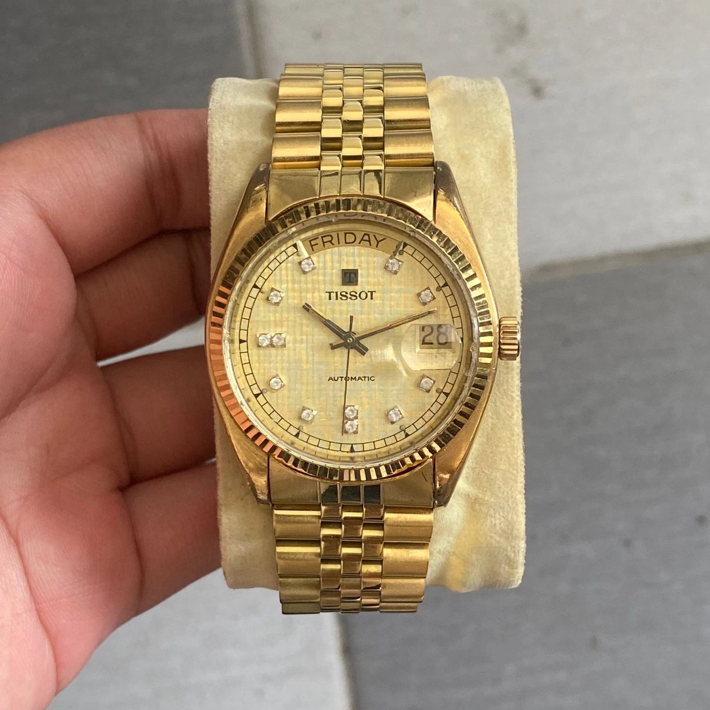 Rare Tissot President Linen Dial Gold Automatic Index Baton Watch Men Vintage
