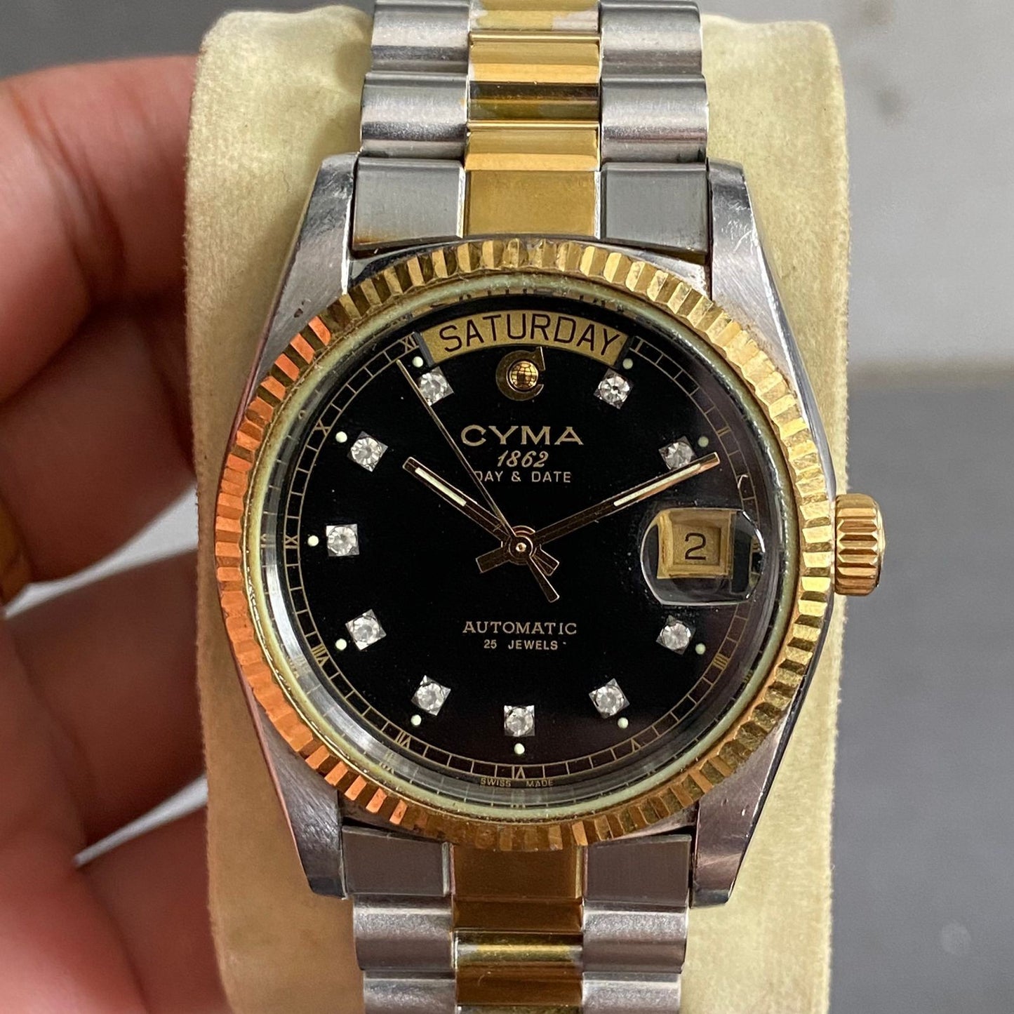 Rare Cyma President Diamond Index Two Tone Black Dial Automatic Swiss Watch Men