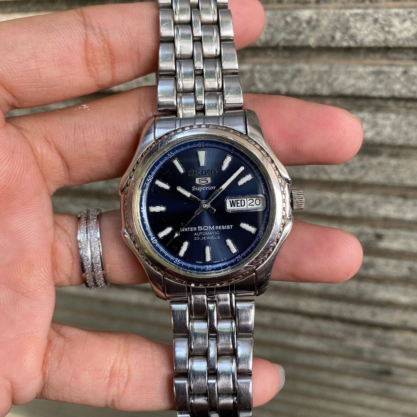RARE Seiko 5 Superior SKZ049 Blue Dial Sunburst Automatic 7s36 Vintage Watch