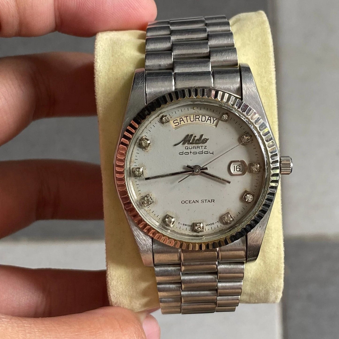 Rare Mido President Quartz  Datoday Ocean Star Index Diamond Vintage Watch Men