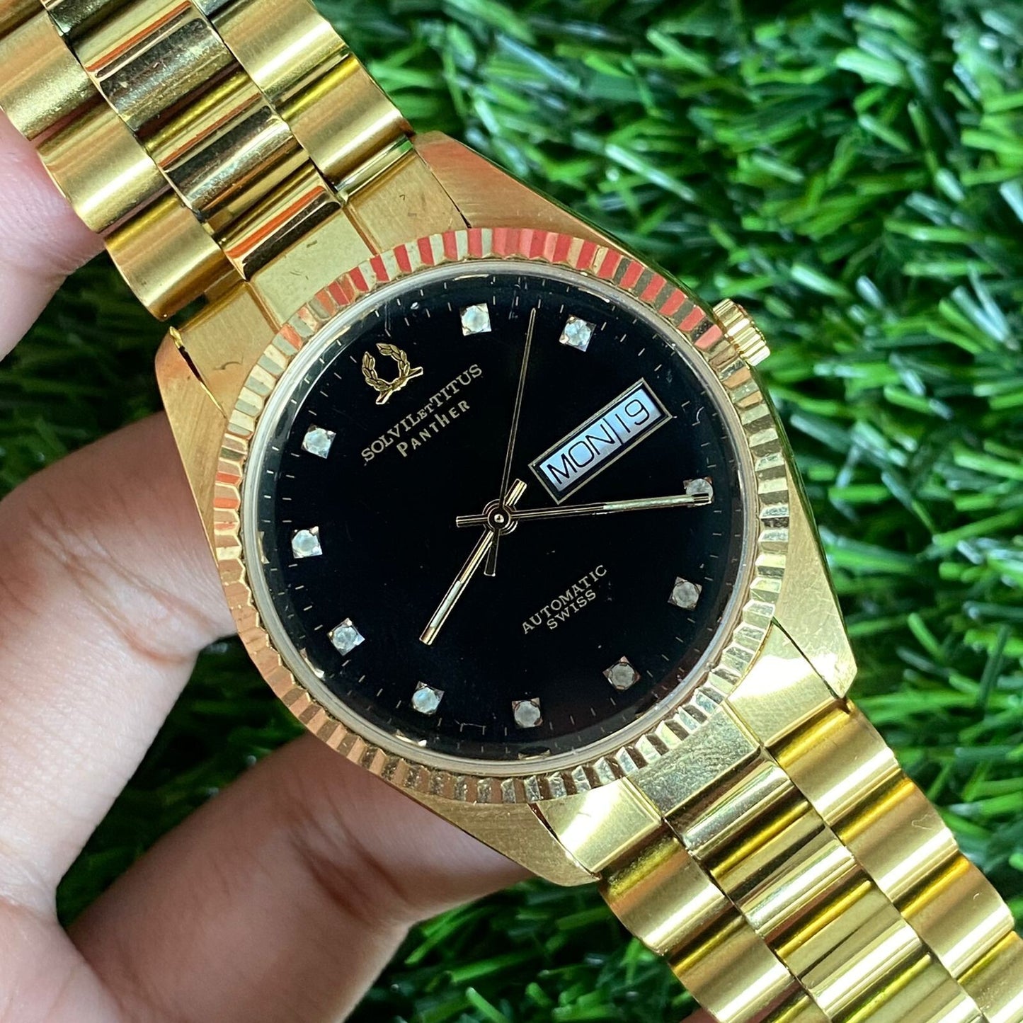 Rare Solvil et Titus Panther Automatic Day Date Index Diamond Black Dial Men