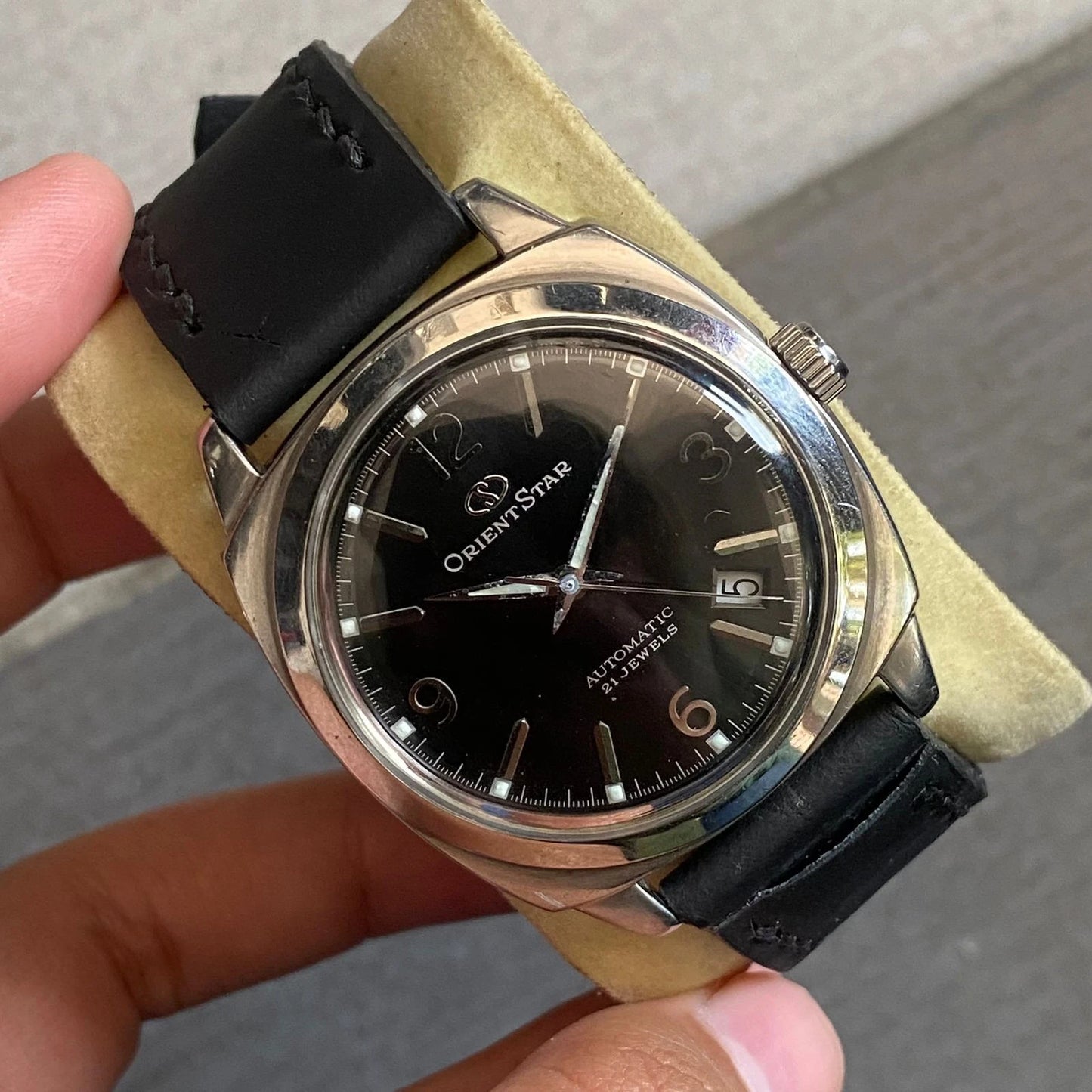 Rare Orient Star Explorer Automatic Date Black Dial Cushion Watch Vintage Men