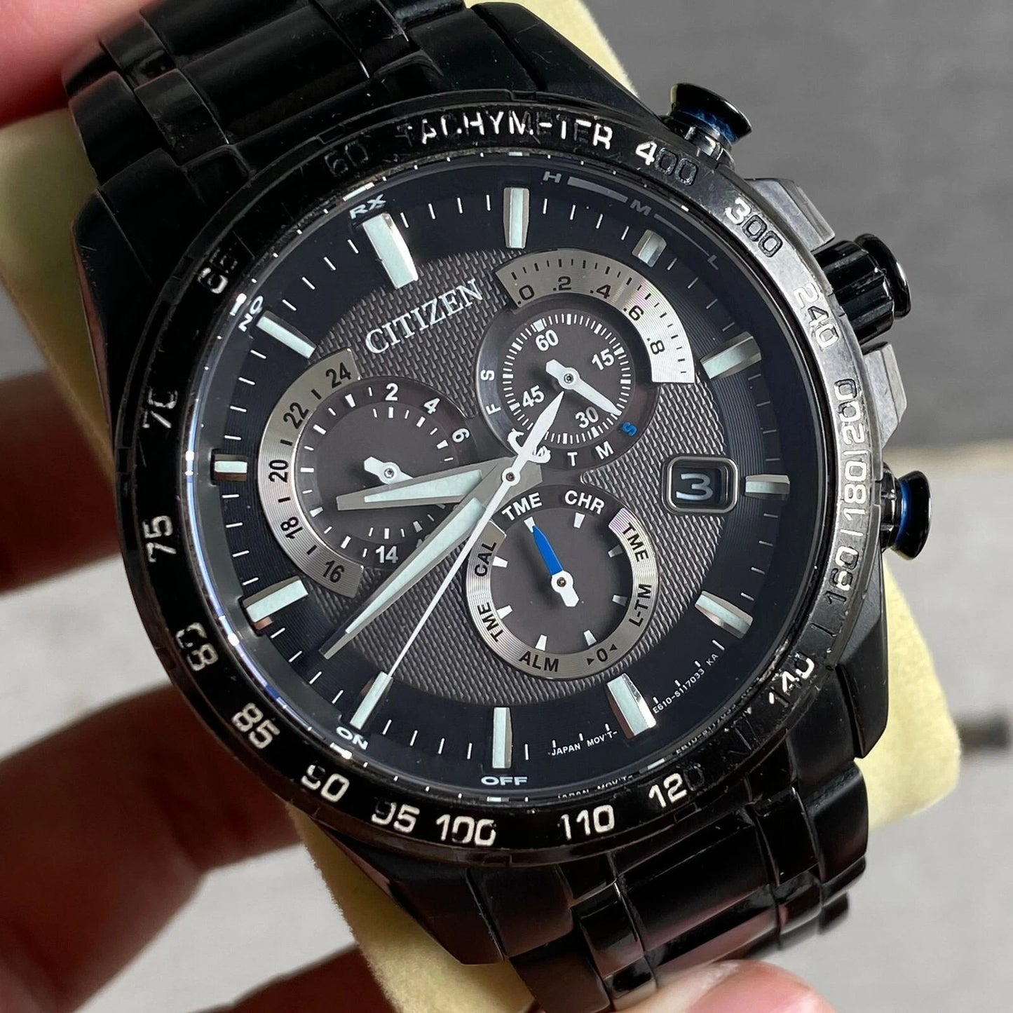 Rare Citizen Chronograph PAT3025-58E Eco Drive E610 Solar Black Dial Watch Men