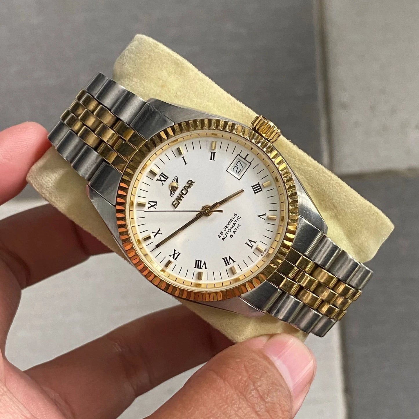 Rare Enicar Automatic 25J Roman Index White Dial TwoTone Swiss Vintage Watch Men