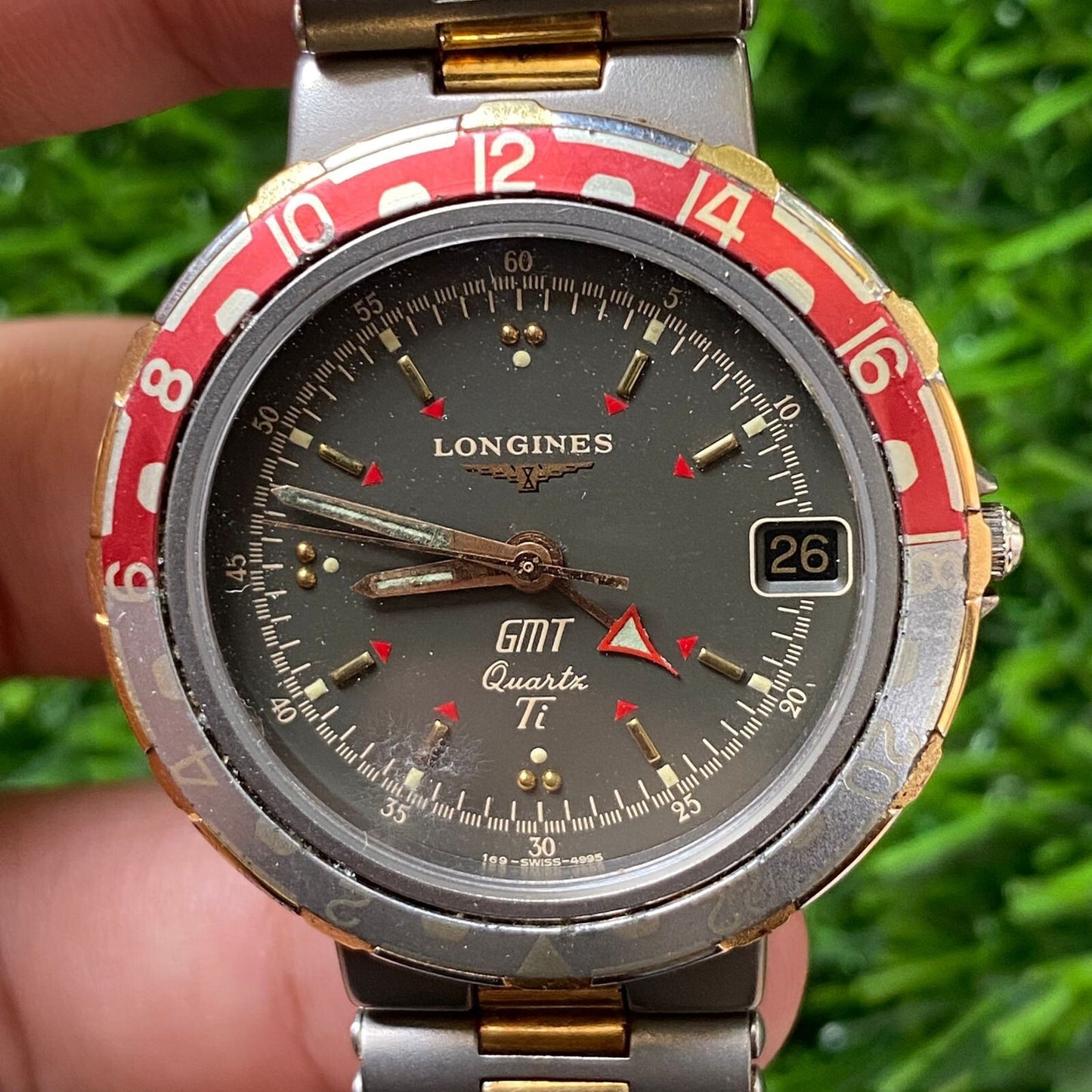 Rare LONGINES Conquest GMT Date Quartz Gray Dial Titanium Watch Swiss Men JR