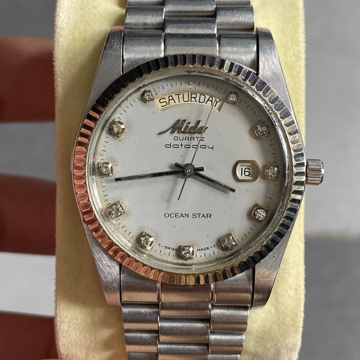 Rare Mido President Quartz  Datoday Ocean Star Index Diamond Vintage Watch Men