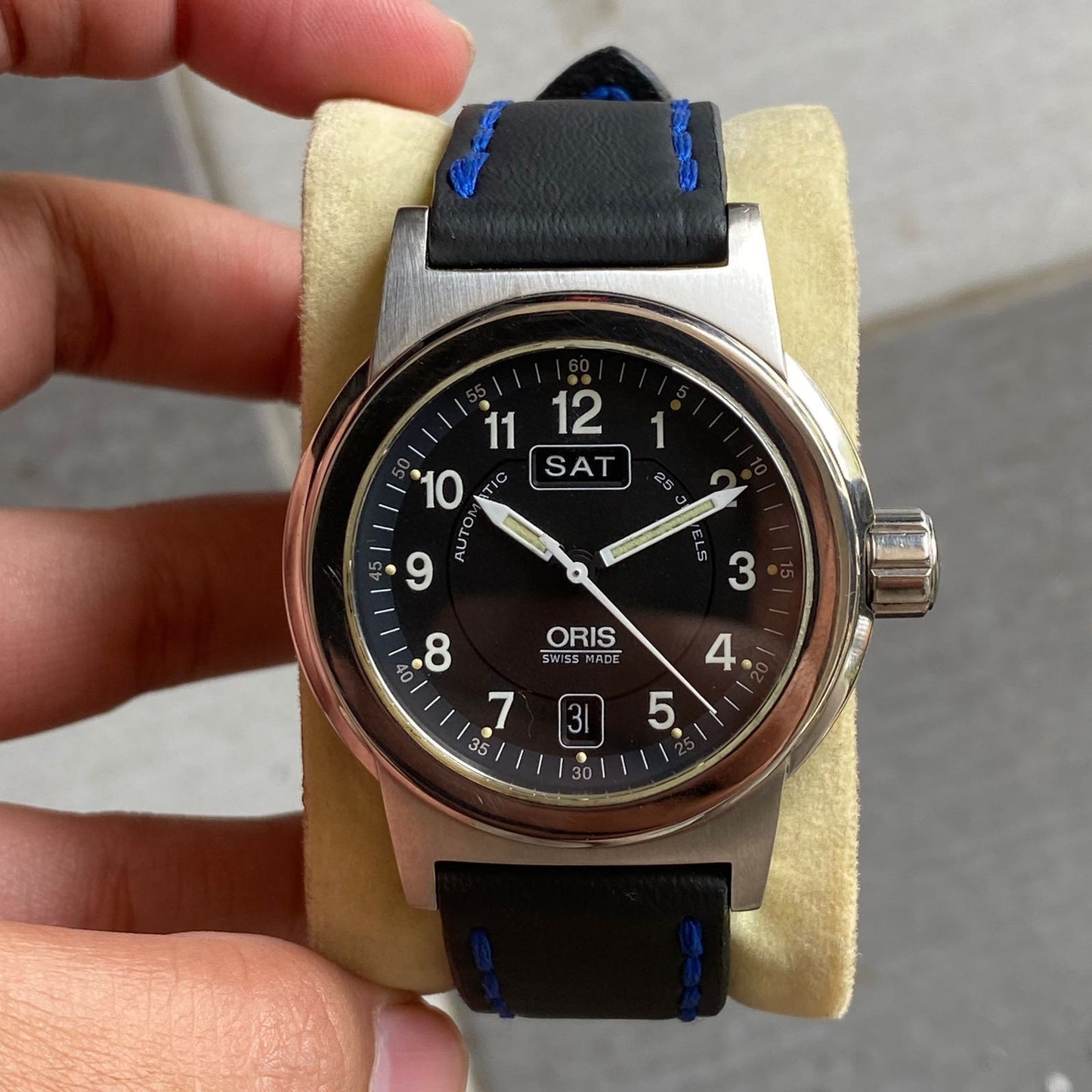 RARE Oris Military Big Crown 7500 Automatic Day Date Black Dial Swiss Watch Men